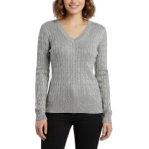 Ralph Lauren Black Label Metallic Silver Cable Knit LS V-Neck Sweater Size M